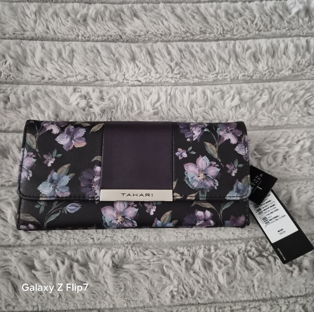 Tahari Black and Purple Floral Wallet